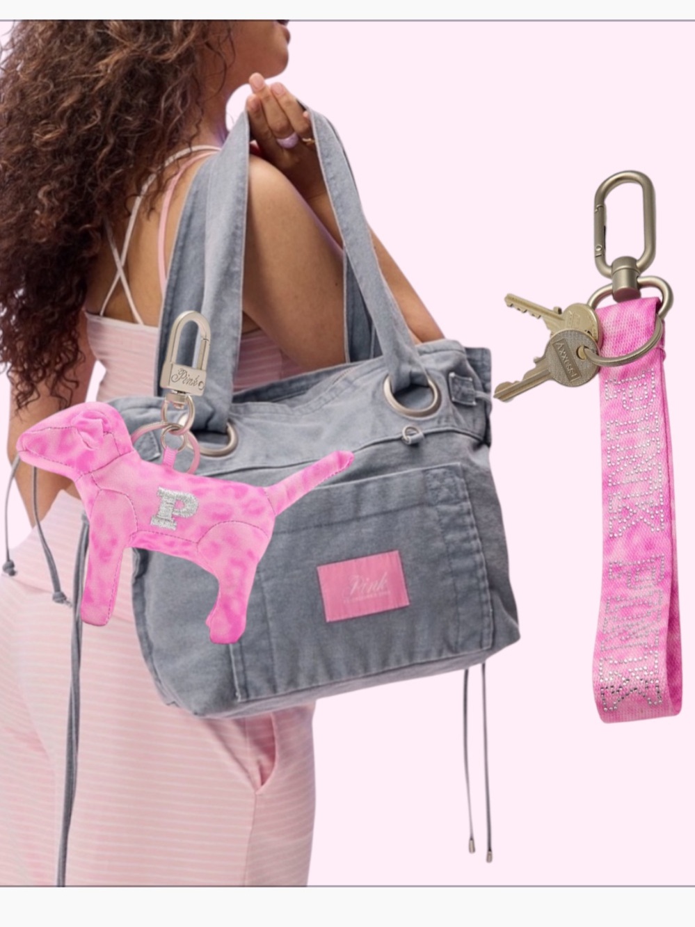 PINK  Large WASHED  DENIM Canvas Flat-Bottom Tote & Pink Leopard dog, keychain